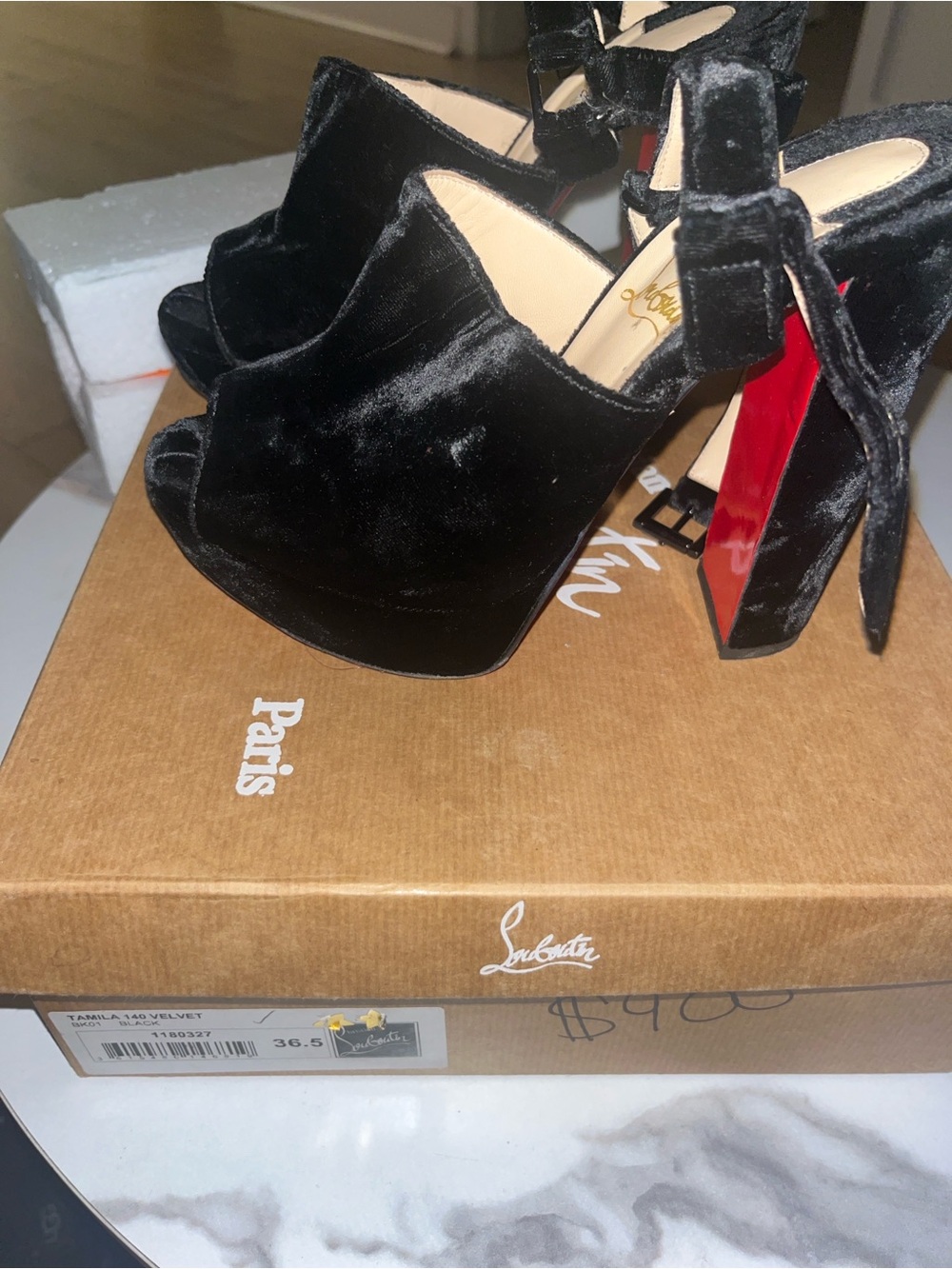 Christian Louboutin Black Suede Open-Toe Block Heel Sandals - Picture 6 of 7